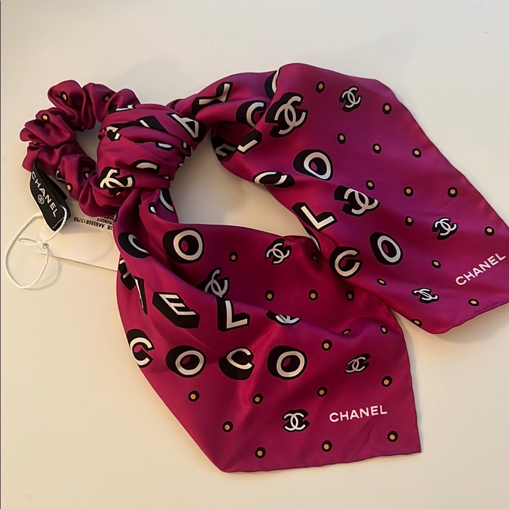 Chanel Magenta Silk Scarf Scrunchie Hair Accessory